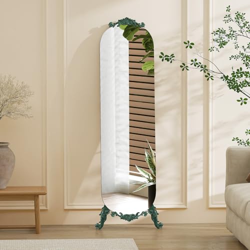 Image of Arched Full Length Mirror, 62 inchX20 inch Vintage Floor Mirror, Baroque Full Body Mirrors with Art Carved, Free Standing Leaning or Wall-Mounted Mirrors for Bedroom, Living Room, Entryway, Green