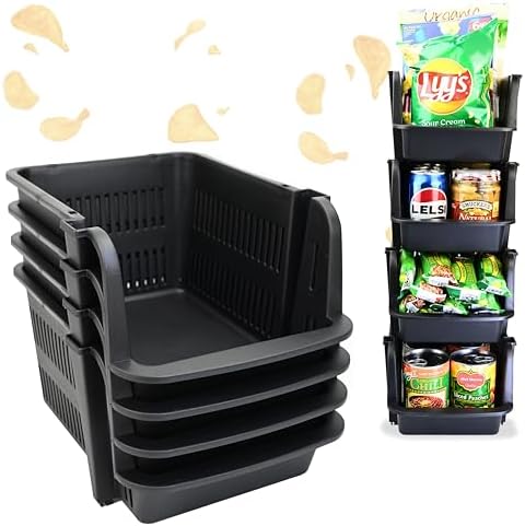 TidyFriend Stackable Storage Bins for Pantry - 4 Pack Medium Stackable Bins for Organizing Food, Kitchen, and Bathroom Essentials (Black)