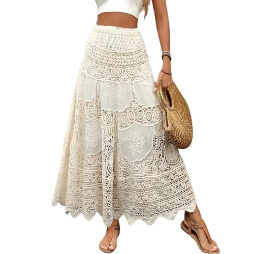 Women Bohemia Long Skirts Beach Vintage Crochet Hollow Out High Waist Skirt A-Line Ruffled Elastic Knit Skirts