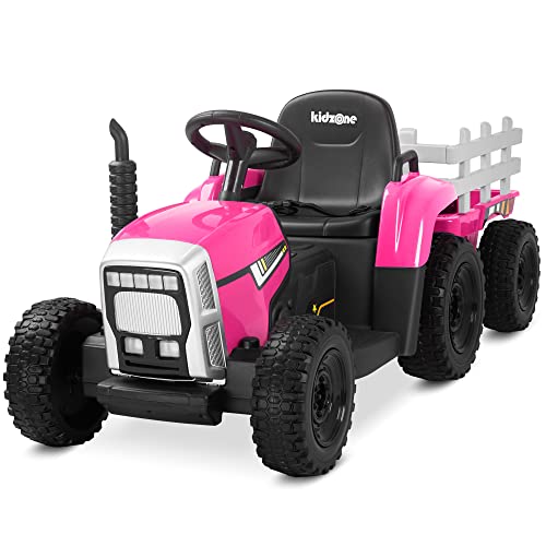 Kidzone 12V7AH Premium Version w/EVA Treaded Tires Dual 35W Motors Boost Power Torque Remote Control Electric Tractor w/Trailer Toddler Ride On Toy 3-