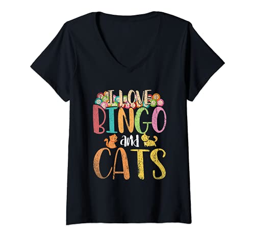 Womens Cute Animal Cat Pet Gambling I Love Bingo And Cats Bingo V-Neck T-Shirt, Black