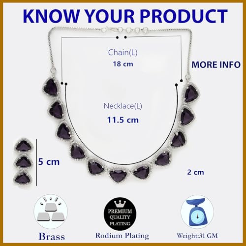 Image of ZENEME Rhodium Plated Silver Toned Triangular Shaped American Diamond Studded Jewellery Set For Women and Girl