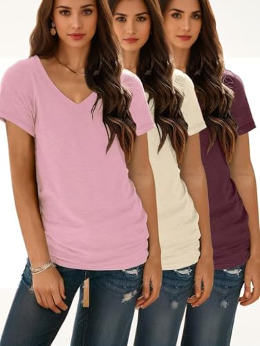 Womens 3 Pack T Shirts Basic Short Sleeve Tees V Neck Fashion Tops Loose Fit Lightweight Casual Summer Clothes3