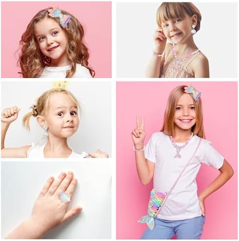 MEETANG Kids Mermaid Jewellery Set for Girls with Gift Box Easter Sequins Mermaid Tail Purse Bag Bow Knot Hair Clip Necklace Bracelet Ring Earrings for Dress Up Party Gifts for Little Girls