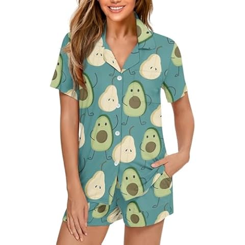 Renewold Pears Avocados Print Womens Short Sleeves Pajama Sets Button Down Sleepwear Loungewear Notch Collar Shirt and Shorts Bottom Night Suit for Party Vacation Beach Pjs Set Size S~2XL Cover