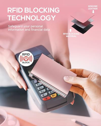 Womens Wallet Card Holder: Pop Up Card Case, Genuine Leather, RFID Blocking, Slim, Minimalist, Thin, Small Size - 13 Card Capacitiy, ID Window, Cash Pocket (Pink)4