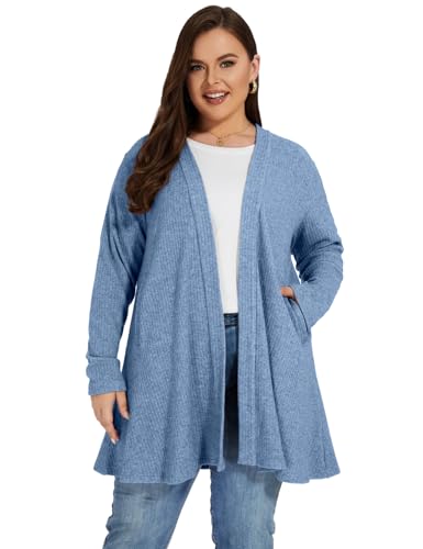 OVERWORETY Long Sleeve Open Front Cardigan Sweaters for Women Plus Size Tunic Tops with Pockets3