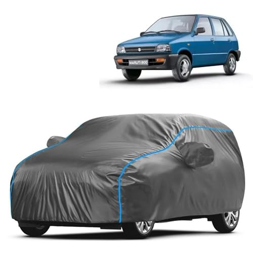 Image of Kerwa Car Body Cover Waterproof with Maruti 800, Dust & UV Resistant All-Weather Proof Full Body Cover, Grey with Blue Lining, Triple Stitched Elastic Bottom with Mirror Pocket