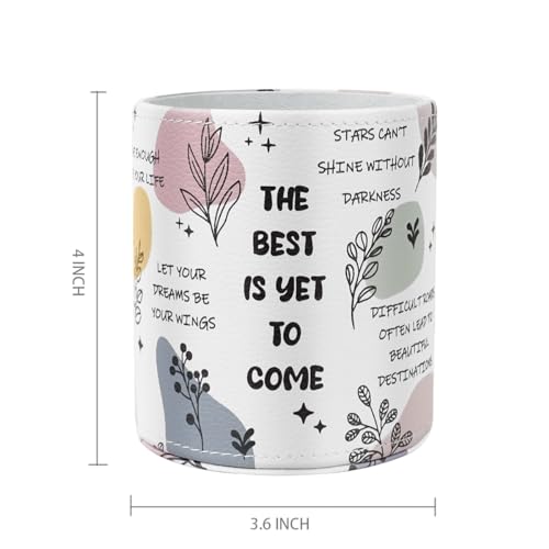 Image of Pen Holder Cute, Pencil Cup, Makeup Brush Holder, Multi-Functional Round Leather Pen Supply Organizer for Teens Adults, Inspiring Words Pattern