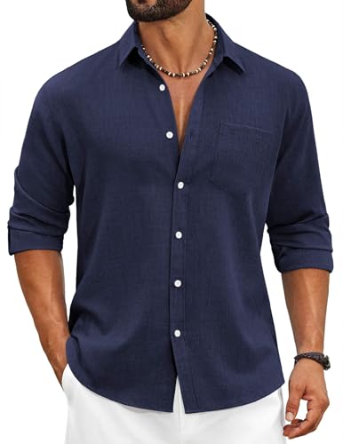COOFANDY Men's Casual Button Down Shirt Long Sleeve Linen Chambray Shirt
