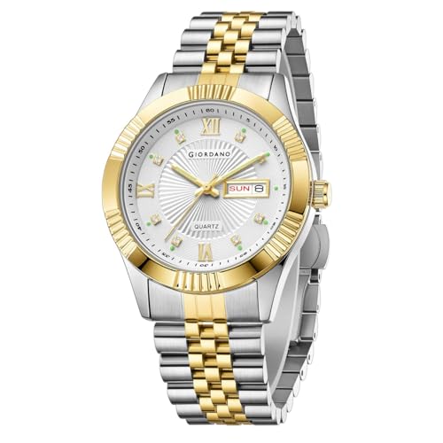 Image of Giordano Classic Analog Quartz Watch for Men with Textured Dial, Fluted Bezel, Day & Date Display & Two-Tone Stainless Steel Strap