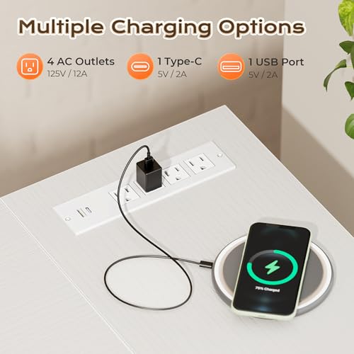 Huuger 63 Inch L Shaped Desk with Power Outlets and USB-C Port, Reversible Computer, Larger Office Corner Gaming Desk, 0.95 Inch Thicker Desktop, Metal Frame, for Home Office, Study, White