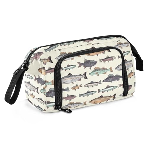 Image of Fish Vintage Beige Print Pencil Case Pouch Big Capacity Pencil Bag Box Organizer Pen Case with Compartmens Stationery Organizer for Girls Boys Women School College Office