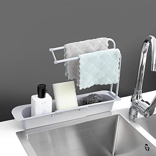 Yissone Soporte para Fregadero Telescópico Telescópico Bandeja de Drenaje Cesta con Toallero Esponja Extensible Escurridor de Jabón para El Hogar Cocina Gris Cover