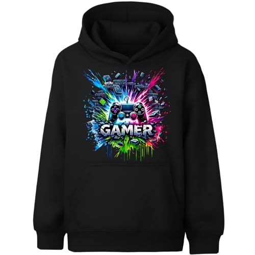 Fringoo Gamer Hoodie for Boys Cotton Rich Soft Hooded Sweatshirt for Boys Gaming Pullover Jumper with Kangaroo Pocket Age 5-13 (UK, Age, 9 Years, 11 Years, Regular, BLACK - Gamer Splash)