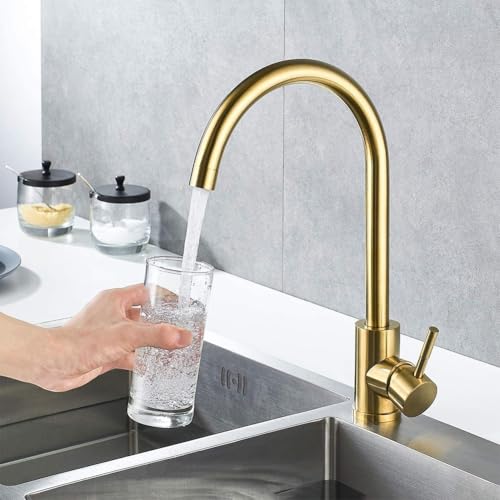Grifo de cocina dorado cepillado, 1 grifo mezclador de acero inoxidable 304 para fregadero de cocina, grifo monobloc