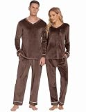 Ekouaer Couples Matching Pajamas Sets Velvet PJs Set for Men and Women Velour Long Sleeve Sleepwear S-XXL Brown
