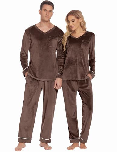 Ekouaer Couples Matching Pajamas Sets Velvet PJs Set for Men and Women Velour Long Sleeve Sleepwear S-XXL Brown