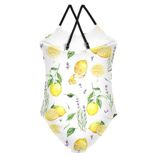 Image of CaTaKu Girls One Piece Swimsuits Watercolor Lemons Lavender Flowers Kids Bathing Suit Swimwear for Girls Size 9-10