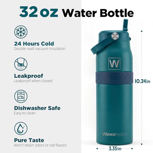 Image of 32 oz Insulated Water Bottle with Straw, Leakproof Stainless Steel Bottle with Handle, Non-Slip Silicone Sleeve, Internal Markings, Dishwasher Safe for Travel, Gym, Sports, Turquoise