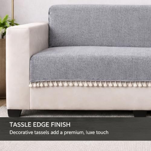Image of STITCHNEST Beige Chenille Sofa Cover 24x60 Inch - Soft, Durable & Textured Fabric with Tassels | Full Coverage Sofa for Living Room, Bedroom, or Drawing Room
