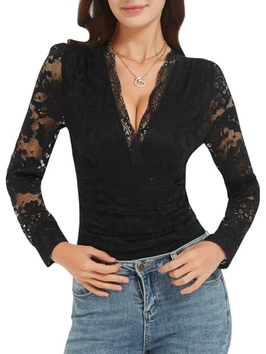 Soudittur Damen Body Spitzen V-Ausschnitt Bodysuit Blusenbody...