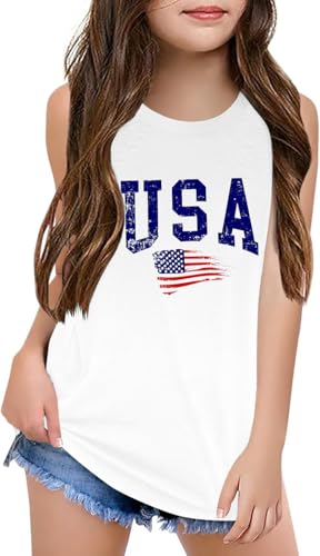 Image of Qbily Tank Tops for Girls Kids Summer Casual Cute Sleeveless Crewneck Graphic T Shirt 5-14 Years