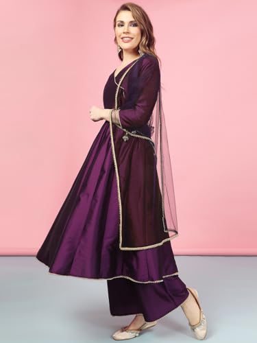Image of A.T.U.N. (ALL THINGS UBER NICE) Cotton Women Anarkali Paneled Kurta With Palazzos & Dupatta