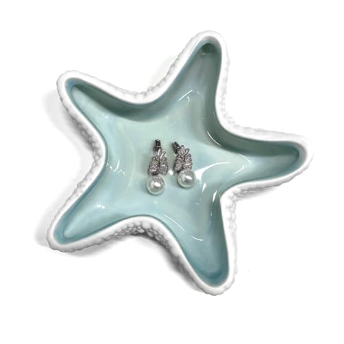 Bandeja de cerámica con forma de estrella de mar, plato de cerámica azul bebé, soporte de anillo de cerámica para aretes, plato decorativo con temática oceánica para anillos, aretes, collares,