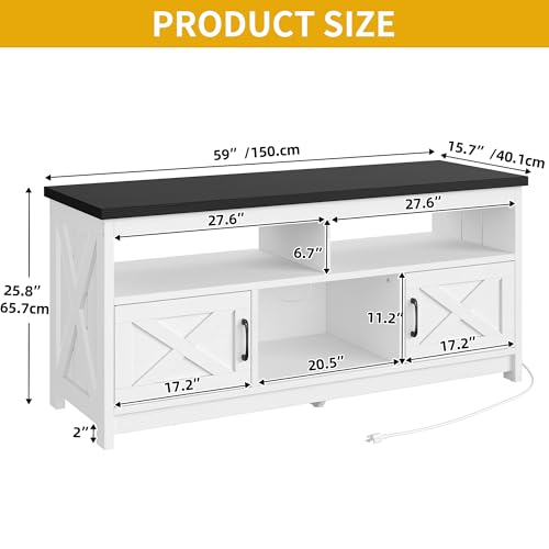 DWVO Farmhouse TV Stand for Television up to 65 Inch, Entertainment Center with Power Outlets and Open Shelf, Rustic TV Cabinet Media Console Table for Living Room, White/Black, 59 Inches