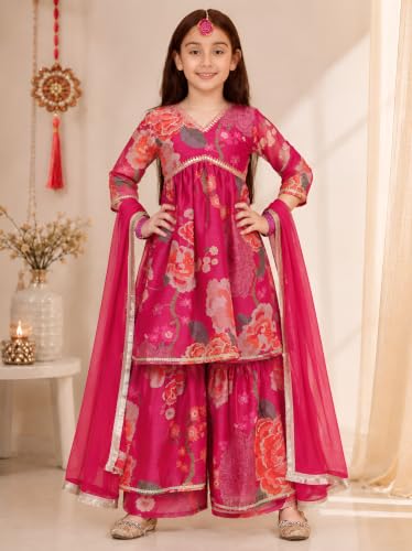 Image of Preneum Girls's Cotton Rayon Gota Pati Multi Floral Printed Angrakha Kurta with Sharara & Dupatta