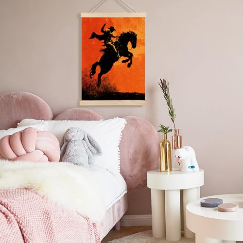 Image of PQKIY Rustic Western Cowboy Wall Art Poster Hanger Frame 12x16 in, Retro Orange Southwestern Desert Sunset Rodeo Horse Cowboy Wall Decor Canvas Prints for Home Room Office Men Cave