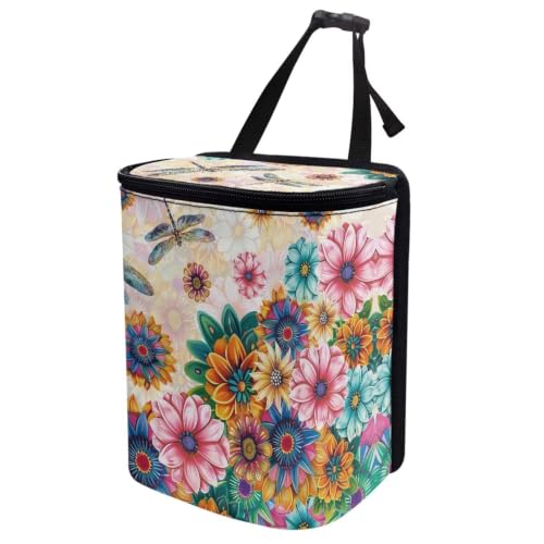 Image of Bohemian Flower Dragonfly Car Garbage Can with Adjustable Straps Car Hanging Trash Can with Lid Multipurpose Portable Trash Bag for Cars SUVs, Trucks
