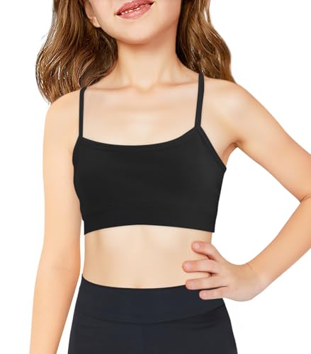 Haloumoning Girls Sports Training Bra Kids Athletic Adjustable Seamless Camis Dance Yoga Crop Tops 5-14 Years Black