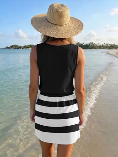 Image of SAUKOLE Womens Summer Causal Loose Sleeveless Crew Neck Drawstring Waist Mini Short Dress with Pockets