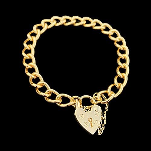 THE BLING KING 7MM Gold Heart Lock Bracelet, Adjustable Ladies Curb Padlock Bracelet Elegant 18K Real Gold Plated Jewellery, Engravable Heart Tag Design for Teens Ladies (Fits Up To 8-Inch Wrist)