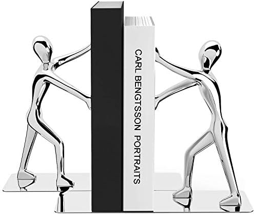 MROCO Decorative Bookends Heavy Duty Zinc Alloy Man Book End, Non-skid Bookend, Metal Book Ends for Shelves, Book Support, Book Stopper for Books, Movies, Magazines, Video Games, 7.28 x 6.1 in, Silver