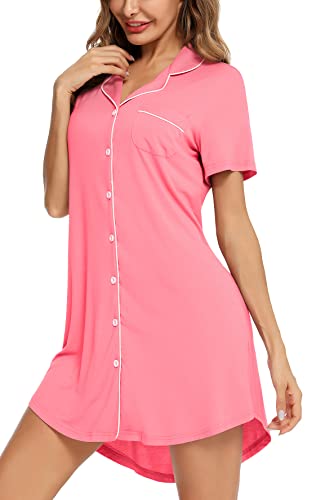 Image of Samring Pajama Nightgown for Women Short Sleeve Button Down Boyfriend Night Gown Nightdress Sleep Shirts