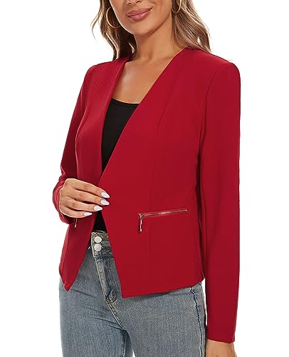 MINTLIMIT Blazers for Women Long Sleeve Open Front Collarless Suit Blazer with Zipper Pockets Casual Work Office(Red, XL)3