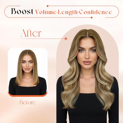 Image of Sunny Hair Clip in Hair Extensions Real Human Hair Brown Ombre Balayage | Clip on Hair Extensions Light Brown Balayage Platinum Blonde with an Ombre Hair Look for Graduation Hairstyles 14 Inch 105g