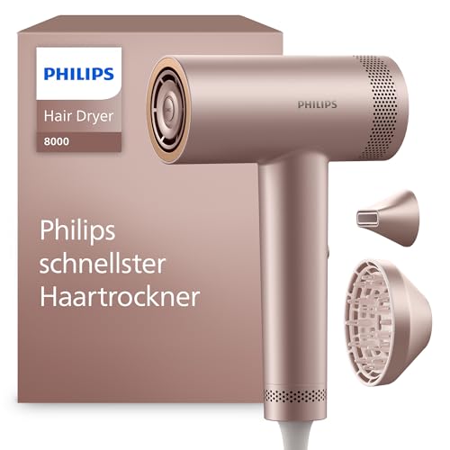 Philips Haartrockner Series 8000 mit ThermoShield Advanced und bürstenlosem DC-Motor für schnelles Trocknen Kopfhautpflege 1400 W Rosé Champagner mit Stylingdüse und Diffusor Modell BHD837/10