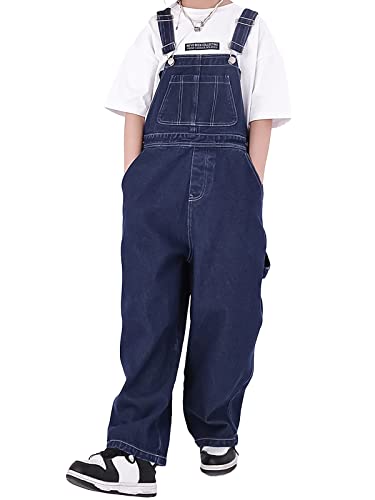 Rolanko Girls Jeans Bib Overalls, Baggy Denim Dungarees Jumpsuit for Big Kids, Dark Blue Pocket, Tag Size:170