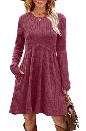 Image of OFEEFAN Long Sleeve Dress for Women Crew Neck Empire Waist Tunic Dress with Pockets