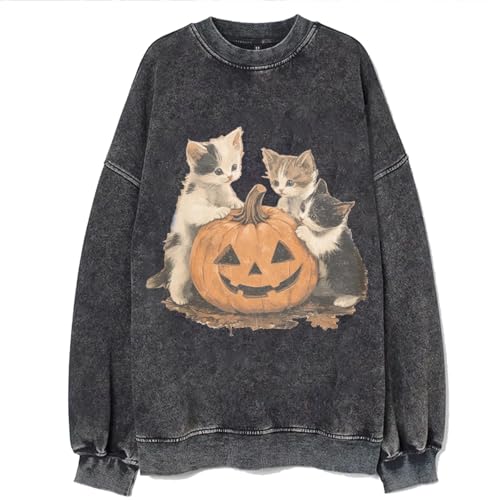 Bellelement Vintage Pumpkin Kitties Sweatshirt Long Sleeve Halloween Cat Shirt