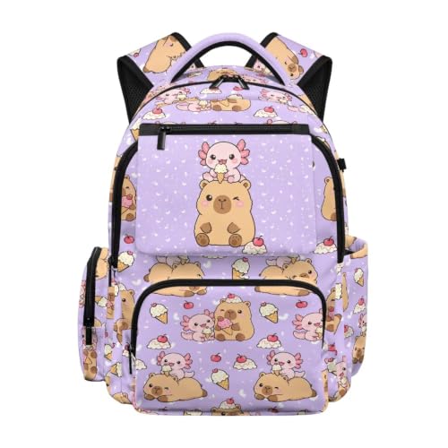 Forchrinse Capybara School Backpack for Girls 10-12 Cute Axolotl Bookbag Large Capacity Kids School Bag Casual Daypack with Multi Pockets