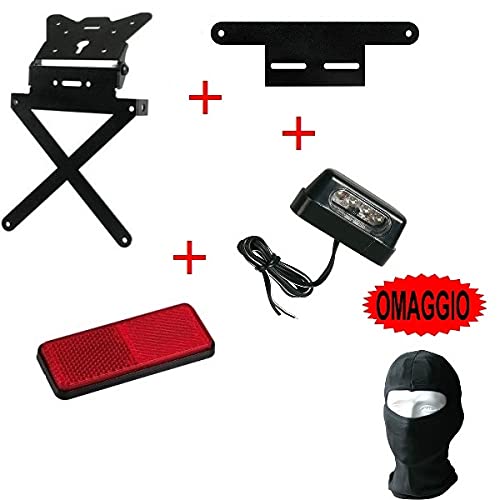 ESCRIZIONE E CARATTERISTICHE PRODOTTO: KIT UNIVERSALE COMPLETO DI 4 PRODOTTI PER MOTO MARCHIO LAMPA COD. SET-PSC1 1° PORTATARGA: - Il portatarga è universale e non specifico, che può essere adattato o che va adattato con qualche modifica - Attacco sottocodone - Alluminio anodizzato - Inclinazione regolabile - Peso 250 grammi - Predisposizione per frecce e luce targa - Dimensioni: Altezza 270 mm - Larghezza 200 mm - Profondità 40 mm - colore nero 2° SUPPORTO PER CATARIFRANGE