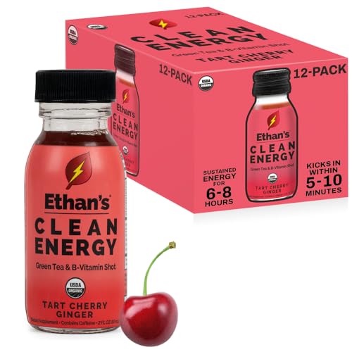 Image of Ethan's Organic Clean Energy Shots Tart Cherry Ginger, 12 Pack of 2oz | 150mg Caffeine | Green Tea, Guayusa, Lion's Mane & Cordyceps | Sugar-Free, Vegan, Gluten-Free, USDA Organic