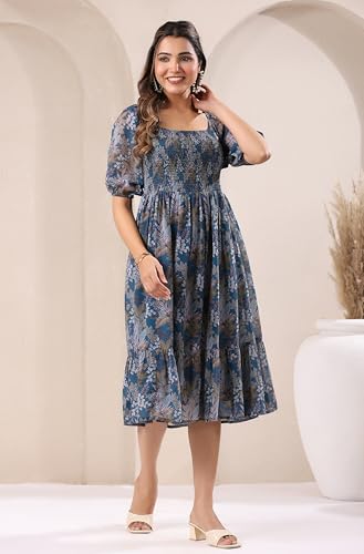 Image of Janasya Women's Teal Georgette Floral Printed Tiered Dress