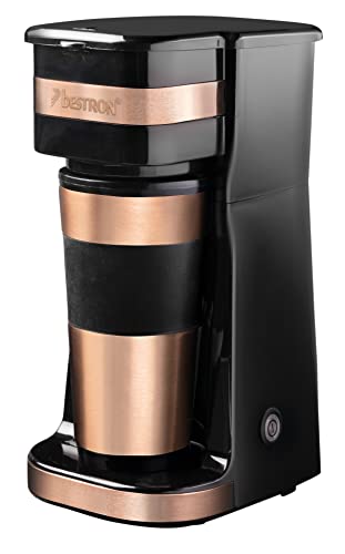 Bestron Kaffeemaschine mit Isolierbecher, Für gemahlenen Filterkaffee, 2 Große Tassen, 750 Watt, Edelstahl, Farbe: Kupfer