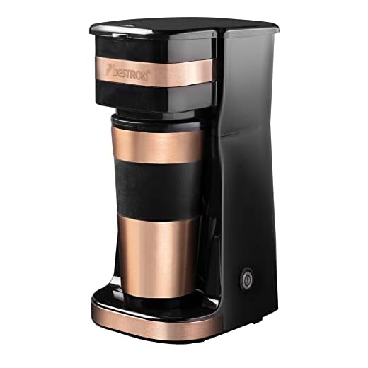 Bestron Cafetera, Cafetera goteo con taza aislada, para café de filtro molido, 2 tazas grandes, 750 vatios, acero inoxidable, 0,42 litros, color: cobre